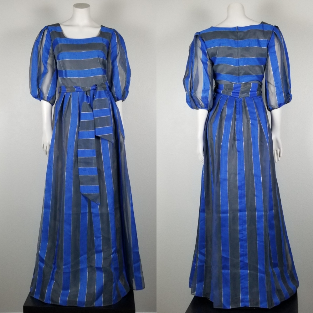 Vera Mont Vintage 70s Disco Puff Sleeve Striped Blue Grey Maxi Dress Gown Sz 12